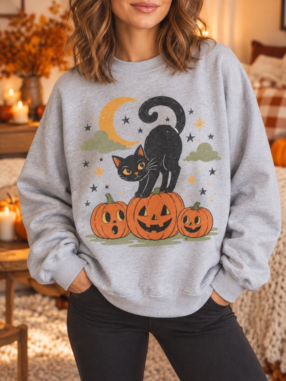 Black Cat Halloween Shirt Pumpkin Graphic Sweatshirt Gildan Ash Crewneck